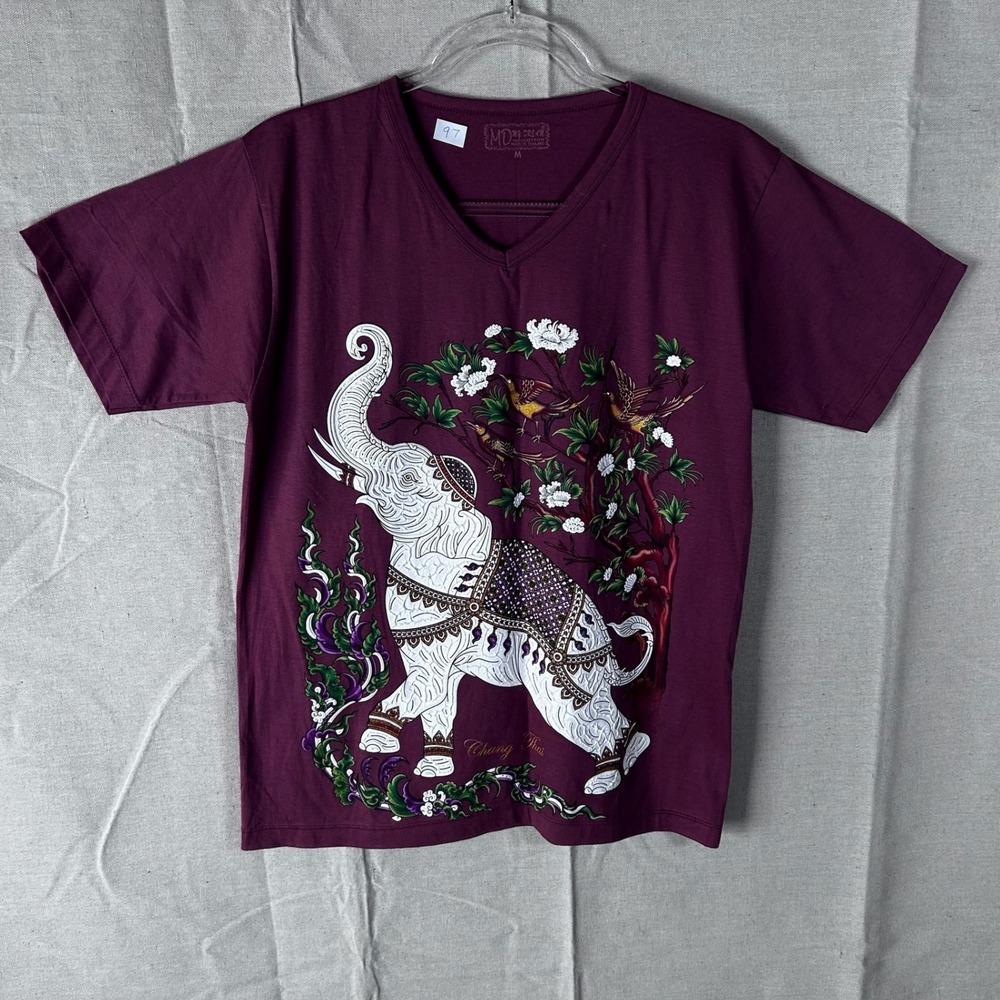 My Dream Thailand Elephant Graphic V-Neck T-Shirt Maroon‎ Cotton Mens Medium